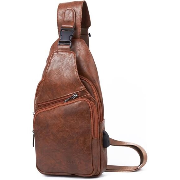 Men's Leather Sling Bag Shoulder Crossbody Chest Bag with USB Charge